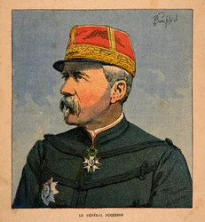 Válka na Madagaskaru - neoficiální historie francouzských expedic 1885-1895 od Henri Galli dit Galllichet (1854-1922), ilustrované Louisem Bombledem (1862-1927): Portrét generála Duchesna (1837-1918) vrchního velitele francouzského expedičního sboru
