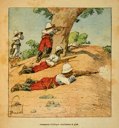 Válka na Madagaskaru - neoficiální historie francouzských expedic 1885-1895 od Henri Galli dit Galllichet (1854-1922), ilustrované Louisem Bombledem (1862-1927): Lovci Afriky bojující pěšky na Madagaskaru v roce 1895, Soukromá sbírka