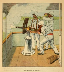 Válka na Madagaskaru – neoficiální historie francouzských expedic 1885-1895 od Henri Galli dit Galllichet (1854-1922), ilustrované Louisem Bombledem (1862-1927): Dělo střílené na Hovas na palubě canoniere „“ La Brave „“ v roce 1895, Soukromá sbírka