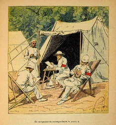 Válka na Madagaskaru - neoficiální historie francouzských expedic 1885-1895 od Henri Galli dit Galllichet (1854-1922), ilustrovaný Louisem Bombledem (1862-1927): Tábor novinových korespondentů na Madagaskaru v roce 1895, Soukromá sbírka
