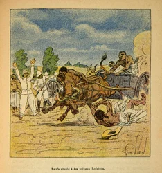 Válka na Madagaskaru - neoficiální historie francouzských expedic 1885-1895 od Henri Galli dit Galllichet (1854-1922), ilustrované Louisem Bombledem (1862-1927): Boeufs dosažené auty Lefebvre, Soukromá sbírka
