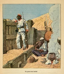 Válka na Madagaskaru – neoficiální historie francouzských expedic 1885-1895 od Henri Galli dit Galllichet (1854-1922), ilustrované Louisem Bombledem (1862-1927): Pošta Hova opevňuje, soukromá sbírka
