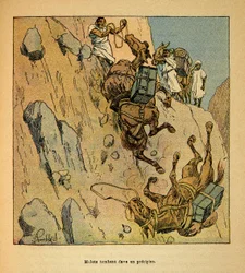 Válka na Madagaskaru - neoficiální historie francouzských expedic 1885-1895 od Henri Galli dit Galllichet (1854-1922), ilustrované Louisem Bombledem (1862-1927): Muleti vojenského konvoje padajícího do propasti, Zvláštní sbírka