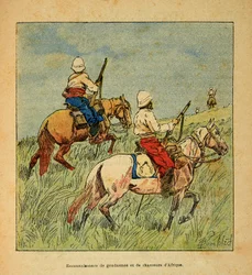 Válka na Madagaskaru - neoficiální historie francouzských expedic 1885-1895 od Henri Galli dit Galllichet (1854-1922), ilustrované Louisem Bombledem (1862-1927): Uznání četníků a lovců z Afriky na Madagaskaru v roce 1895, Soukromá sbírka