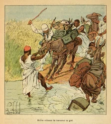 Válka na Madagaskaru - neoficiální historie francouzských expedic 1885-1895 od Henri Galli dit Galllichet (1854-1922), ilustrovaná Louisem Bombledem (1862-1927): Muleti odmítající překročit gue během francouzské expedice na Madagaskar v roce 1895 , vojín C