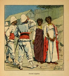 Válka na Madagaskaru – neoficiální historie francouzských expedic 1885-1895 od Henri Galli dit Galllichet (1854-1922), ilustrované Louisem Bombledem (1862-1927): Francouzští vojáci sympatizující s madagaskarskými ženami, soukromá sbírka