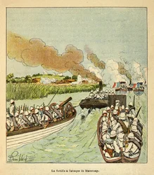 Válka na Madagaskaru - neoficiální historie francouzských expedic 1885-1895 od Henri Galli dit Galllichet (1854-1922), ilustrovaná Louisem Bombledem (1862-1927): Námořní pěchota zaútočila na město Marovoay v roce 1895, Soukromá sbírka