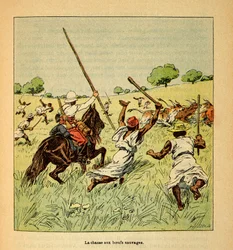 Válka na Madagaskaru - neoficiální historie francouzských expedic 1885-1895 od Henri Galli dit Galllichet (1854-1922), ilustrované Louisem Bombledem (1862-1927): Lov divokých volů na Madagaskaru v roce 1895, Soukromá sbírka