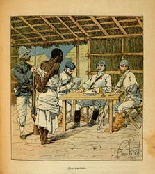 Válka na Madagaskaru - neoficiální historie francouzských expedic 1885-1895 Henri Galli dit Galllichet (1854-1922), ilustrovaný Louisem Bombledem (1862-1927): Výslech vězně Hovas Francouzi, soukromá sbírka