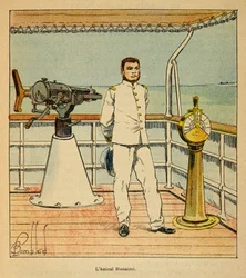 Válka na Madagaskaru-neoficiální historie francouzských expedic 1885-1895 od Henri Galli dit Galllichet (1854-1922), ilustroval Louis Bombled (1862-1927): Portrét admirála Bienaimeho (1843-1930), soukromá sbírka