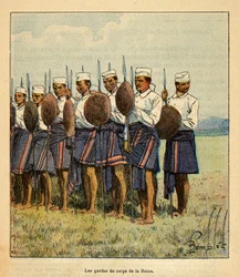 Válka na Madagaskaru - neoficiální historie francouzských expedic 1885-1895 od Henri Galli dit Galllichet (1854-1922), ilustrované Louisem Bombledem (1862-1927): Stráže královny Ranavalony, soukromá sbírka