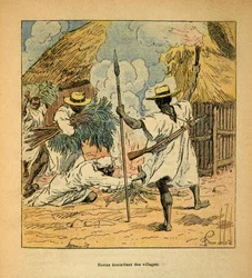 Válka na Madagaskaru - neoficiální historie francouzských expedic 1885-1895 od Henri Galli dit Galllichet (1854-1922), ilustrované Louisem Bombledem (1862-1927): Hovas hořící vesnice, soukromá sbírka