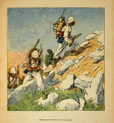 Válka na Madagaskaru - neoficiální historie francouzských expedic 1885-1895 od Henri Galli dit Galllichet (1854-1922), ilustrované Louisem Bombledem (1862-1927): Avantgarda pěchoty na Madagaskaru v roce 1895, Soukromá sbírka