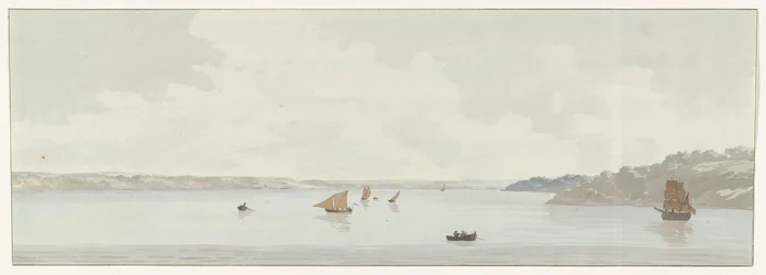 Gezicht op een deel van het Mare Piccolo Pohled na část Mare Piccolo, kde se nacházel starý most, ústí Galesus (název na objektu) Cesty po Itálii, Sicílii a Maltě - 1778 (název série)