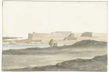 Pohled na hrad v přístavu Barletta Vue du Château, qui domine le port de Barletta (název na objektu) Voyage en Italy a Sicile et à Malte - 1778 (název série)