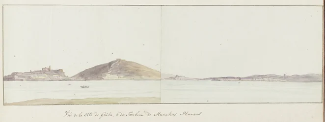 Pohled na pobřeží Gaety a mauzoleum Munatia Planka (Lucio Munazio Planco). Cesta po Itálii, Sicílii a Maltě - 1778 (název série)
