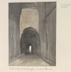 Ingang van grot Crypta Neapolitana (z Grotta di Posillipo) a an de kust van Pozzuoli Vchod do jeskyně Pausilype poblíž Pozzuoli (název na objektu) Cesty po Itálii, Sicílii a Maltě - 1778 (název série)