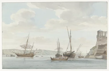 Tuinhuis van de Jardin du Grand Master uittorend boven de Haven se setkal s galei schepen op Malta Pavillon du Jardin du Grand-Maître, naproti Port des Galères v Malthe (název na objektu) Cesty po Itálii, Sicílii a Maltě - 1778 (název série)