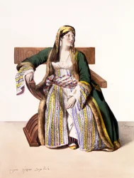 Řecká žena z livreje – deska XVI, vyrytá Lemercierem z „Voyage à Athènes et a à Constantinople“, napsal a ilustroval Dupre, 1828