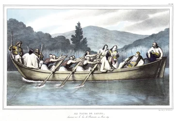 Ali Pasha de Janina (1741-1822), lov na jezeře Butrinto v březnu 1819. v „“ Cesta do Athén a Konstantinopole, nebo sbírka řeckých a osmanských portrétů, pohledů a kostýmů, namalovaných na místech po přírodě, litografie a barvy od Louise Dupre