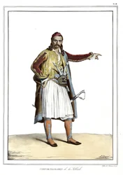 Šéfkuchař Palikares de la Scllade, v „“ Cesta do Athén a Konstantinopole, neboli sbírka řeckých a osmanských portrétů, pohledů a kostýmů, namalovaných na místech po přírodě, litografie a barvy od Louise Dupreho (1789-1837), žáka Davida. 1825.