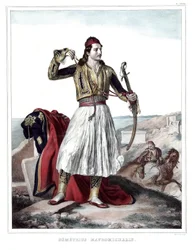 Demetrius Mavromichalis , řecký voják a vlastenec. v „“ Cesta do Athén a Konstantinopole, neboli sbírka řeckých a osmanských portrétů, pohledů a kostýmů, namalovaných na místech přírody, litografie a barvy od Louise Dupreho (1789-1837), žáka Da