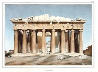 Le Parthenon. v „“ Cesta do Athén a Konstantinopole nebo sbírka řeckých a osmanských portrétů, pohledů a kostýmů, namalovaných na místech přírody, litografie a barvy od Louise Dupreho (1789-1837), žáka Davida. 1825.