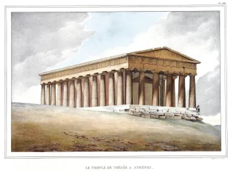 Chrám Thesee a Athenes. v „“ Cesta do Athén a Konstantinopole nebo sbírka řeckých a osmanských portrétů, pohledů a kostýmů, namalovaných na místech přírody, litografie a barvy od Louise Dupreho (1789-1837), žáka Davida. 1825.