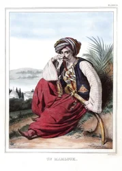 Un mamlouk (Mamluk). v „“ Cesta do Athén a Konstantinopole nebo sbírka řeckých a osmanských portrétů, pohledů a kostýmů, namalovaných na místech po přírodě, litografie a barvy od Louise Dupreho (1789-1837), žáka Davida. 1825.