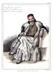 Vasili Gouda, pobočník Marca Botzarise (1788-1823). v „“ Cesta do Athén a Konstantinopole neboli sbírka řeckých a osmanských portrétů, pohledů a kostýmů, namalovaných na místech po přírodě, litografie a barvy Louis Dupre (1789-1837),