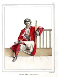 Mladý řecký Thessalian. v „“ Cesta do Athén a Konstantinopole nebo sbírka řeckých a osmanských portrétů, pohledů a kostýmů, namalovaných na místech po přírodě, litografie a barvy od Louise Dupreho (1789-1837), žáka Davida. 1825.