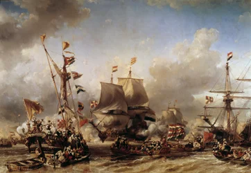 Anglo-nizozemská válka: „“ Nalodění nizozemského admirála Michela Adriena Ruytera (1607-1676) a Williama de Witta pro bitvu u Texelu“ Obraz Louise Gabriela Eugene Isabey (1803-1886) Toulon z 19. století, námořní muzeum