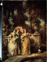 ""La promenade"" (Procházka) Tři mladé dívky z dobré rodiny v parku. Obraz Louise Gabriela Eugene Isabey (1803-1886) 1852 Puškinovo muzeum, Moskva