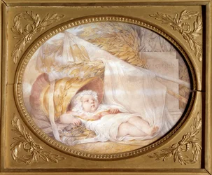 Portrét římského krále bebe (1811-1832) v helmě Marse Napoleona II., vévody z Reichstadtu, syna císaře Napoleona I. (1769-1821), novorozence. Černý kámen a béžový lávový papír Eugene Isabey (1803-1886) březen 1811 ne. 0,21x0,26 m Malmaison, musee d
