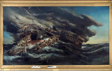Požár parníku Austria Scene vrak lodi, kterou se pasažéři snaží uniknout na člunech v demontovaném moři. Obraz Eugene Isabey (1803-1886)