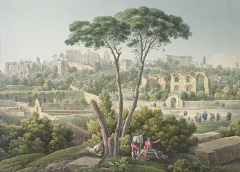 Pohled na Palatin v Římě s ruinami paláce císařů v pozadí, kolem 1800