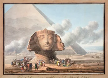Pohled na hlavu Sfingy a Rachefovu pyramidu, Gíza, Egypt, kolem roku 1790