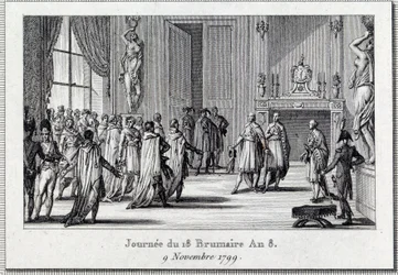 Konzulát: „“ Napoleon Bonaparte (1769-1821) na setkání Saint Cloud on the 18 brumaire (9/11/1799)“ Coup d