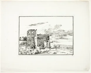 Zničené budovy u břehu řeky, deska 9 z knihy Quatrieme suite de paysages dessinés et grave a l