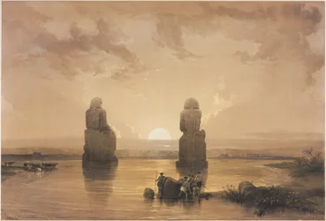 Egypt a Núbie, svazek II: Sochy Memnona v Thébách, během povodně, 1848.