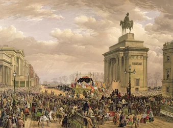 Pohřeb vévody z Wellingtonu, pohřební vůz projíždějící obloukem v Apsley House, 18. listopadu 1852, vyryl Thomas Picken (fl.1838-1870), hospoda. od Ackermanna a Daye, 1853
