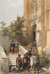 Heidelberg (sluhové a dvořané na mramorové verandě zámku), 1850