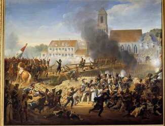 Když 21. 4. 1809 prošel kolem Landshutského mostu, generál Mouton řídil granátníky 17. pluku liniového malířství Louise Hersenta (1777-1860)