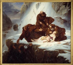 Řeholníci v hospicu Saint Gotthard (San Gottardo) poskytující pomoc rodinám postiženým lupiči Obraz Louis Hersent (1777-1860) 1824