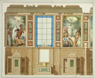 Detail jedné z kaplí pod bočními loděmi, z projektu výzdoby kostela Notre Dame de Lorette, 1855 barva litho