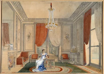 Pohled na Stříbrný salon v Elysejském paláci v době Caroline a Joachima Muratových. Akvarel od Louise Hippolyte Lebase (1782-1867) Soukromá sbírka z roku 1810