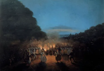 Bamboula kdysi tančí s bambusem (nebo holemi) v Západní Indii - výjev tance černých otroků ve světle pochodní. Obraz Honoré Gamaina (1803-1871), 19. století, La Rochelle, Muzeum Nového světa