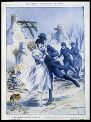 Vojáci vstupují do města, jeden líbá ženu, „okouzlující kořist“, Ilustrace Louis Icart (1888-1950) V „“Fantasio““ 15/12/1915