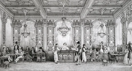 Cafe de la Banque de France postavená architektem Dusillonem a umístěná na náměstí Place de Victoire - rytina Schaal - 1839 -