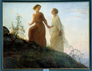 Báseň duše; Na hoře mladá žena doprovázená múzou stoupá na horu v lyrické atmosféře. Obraz Louise Janmota (1814-1892), 19. století. Lyon, Musée des Beaux-Arts